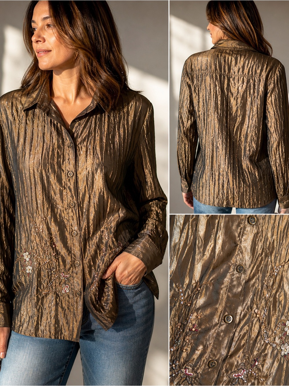Vintage Lana Lee Metallic Bronze Crinkled Embroidered Beaded Blouse. Medium